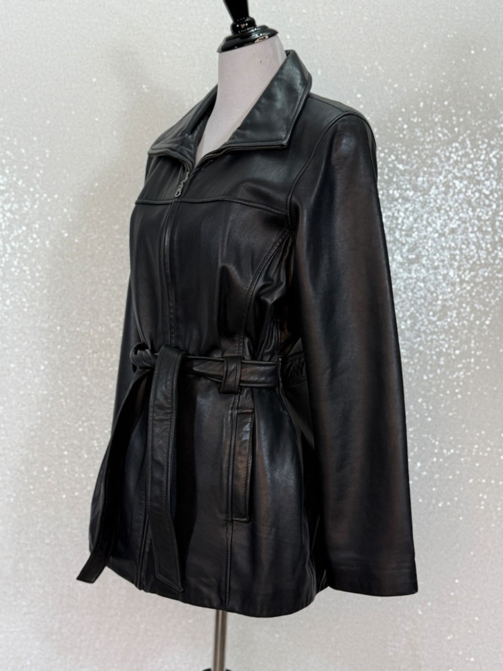 Jacqueline Ferrar Genuine Lambskin Leather Jacket Black Belted Zip Up Tailored - Picture 13 of 16